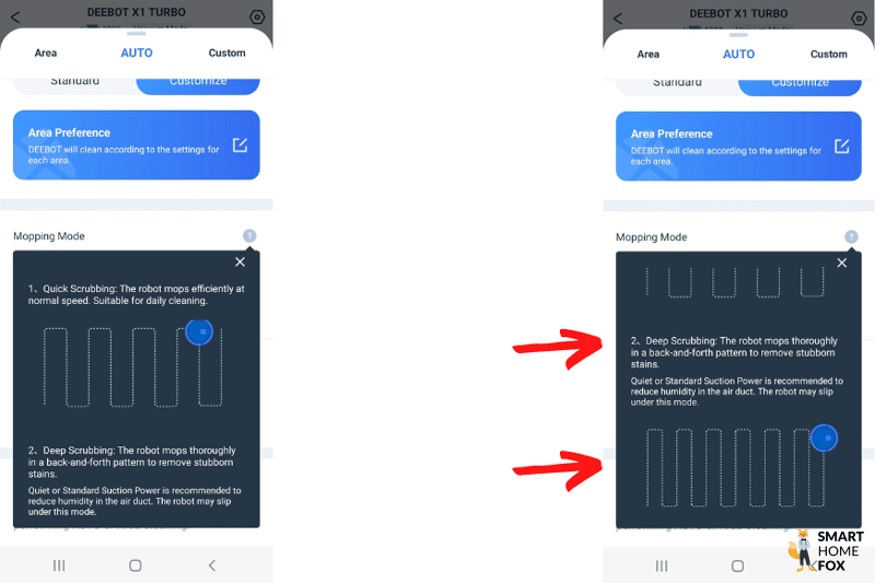 Deep Cleaning Modus wird in der Ecovacs Home App ausgewählt